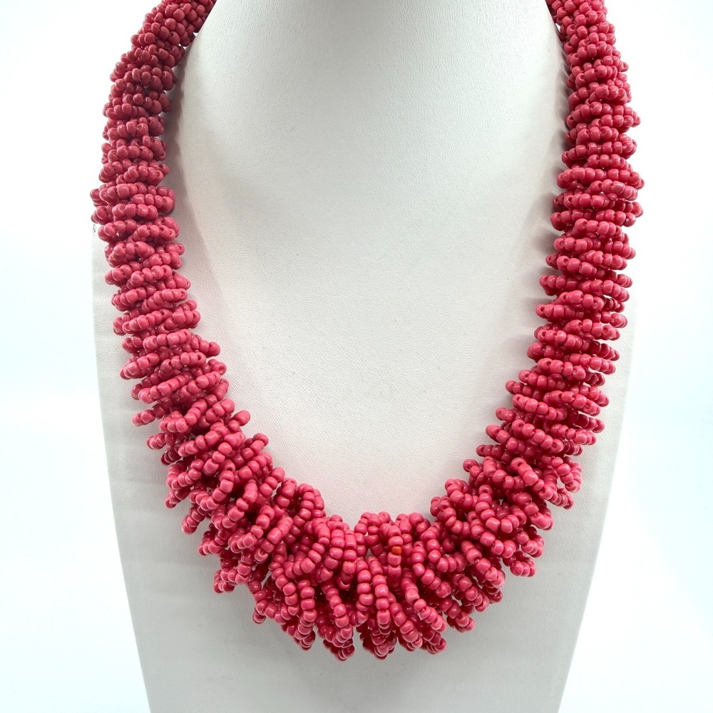 Vibrant Hot Pink Seed Bead Cluster Statement Necklace Boho Chunky Festival Style